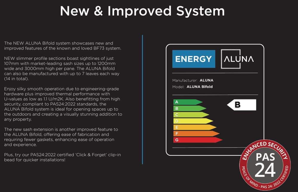 ALUNA bifold door system detail — slim aluminium frame with multi-point locking