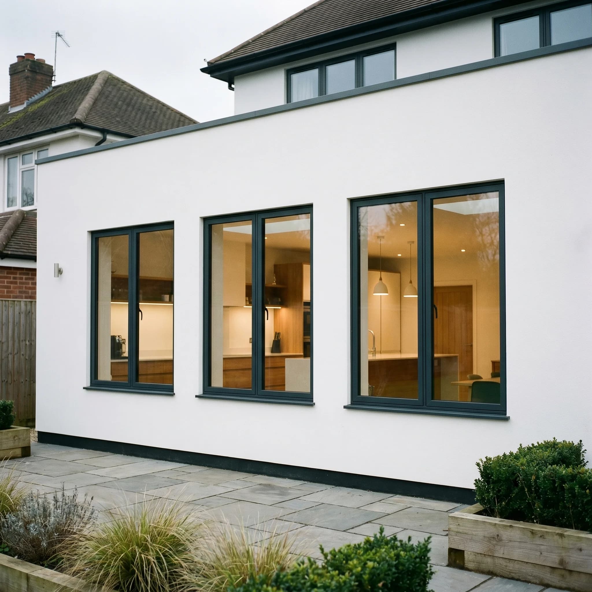 Slim-frame aluminium windows installed on extension Cheam Surrey — A1 Window Construction Ltd