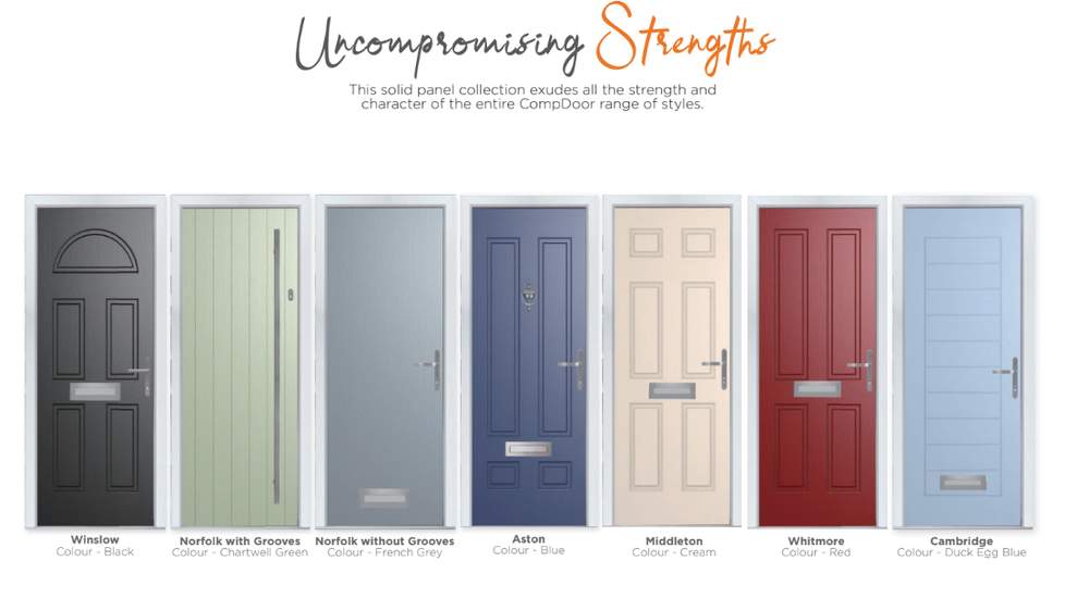 CompDoor composite door styles — Winslow, Norfolk, Aston, Middleton, Whitmore, Cambridge