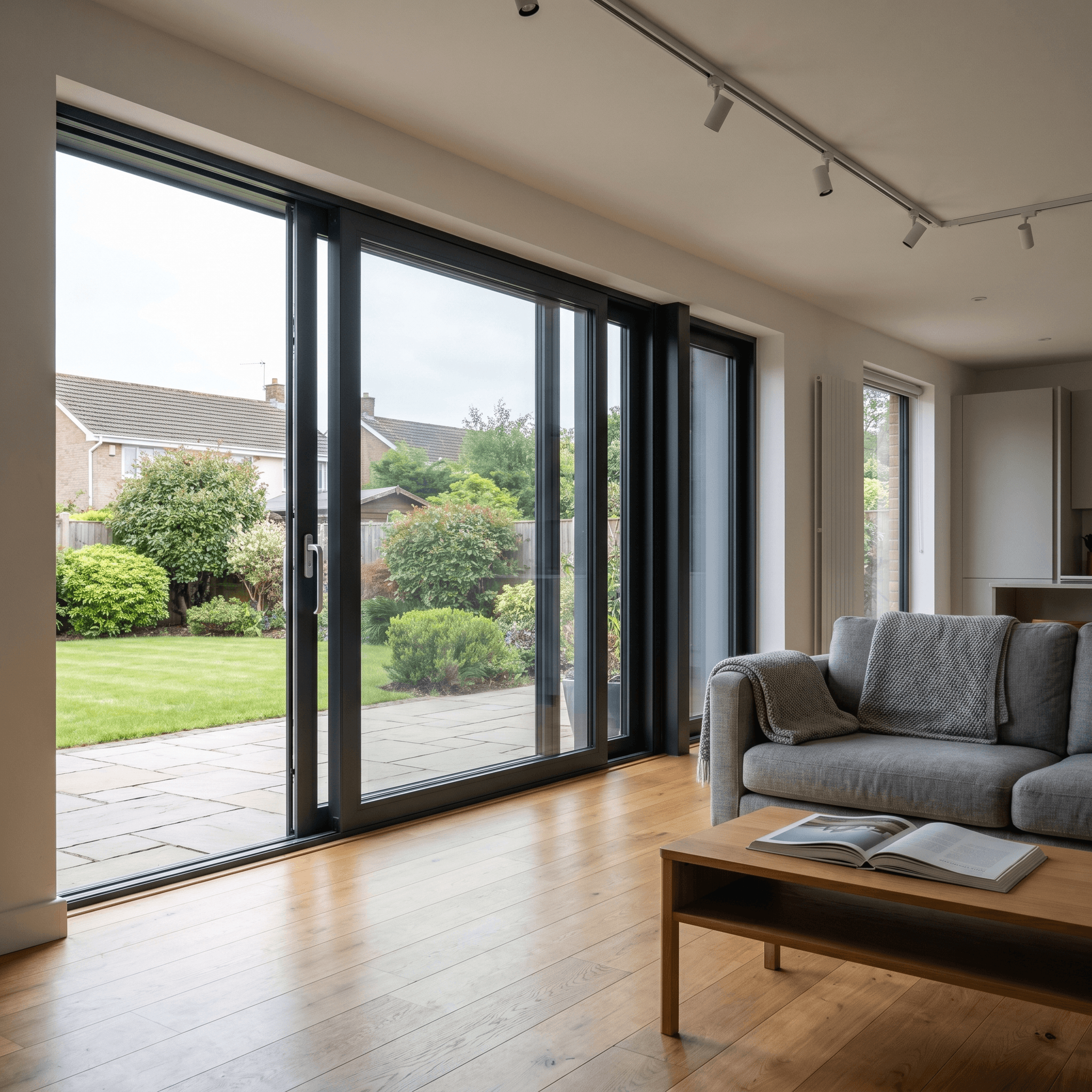 Open-plan kitchen with aluminium bi-fold sliding doors and roof lantern, Surrey